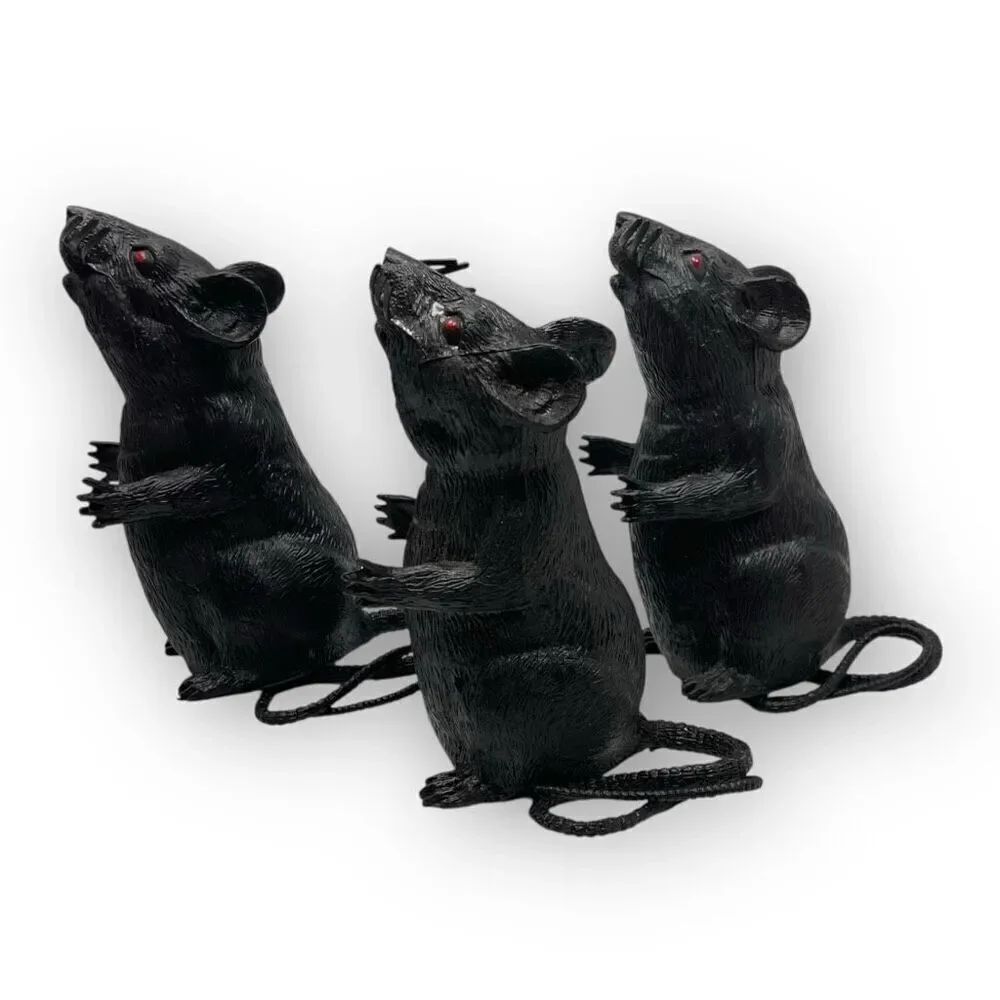 Vintage Lot of 3 Black Rats Greenbrier Int. Halloween Squeaking Figure Red Eyes